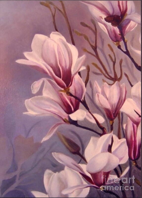 Flowers Art Print featuring the painting Dancing Magnolias by Daniela Easter