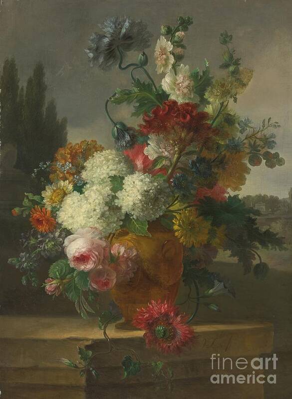 Willem Van Leen Dordrecht 1753 - 1825 Delfshaven Still Life Of Flowers In A Vase Resting On A Stone Ledge. Beautiful Flowers Art Print featuring the painting Delfshaven Still Life Of Flowers In A Vase by MotionAge Designs