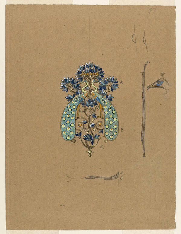 Eugene Samuel Grasset Art Print featuring the drawing Design for a Belt Buckle with Peacock Motif by Eugene Samuel Grasset
