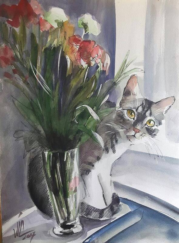 Cat Art Print featuring the painting Do you see me? Pet portrait in watercolor .Modern cat art with flowers by Vali Irina Ciobanu