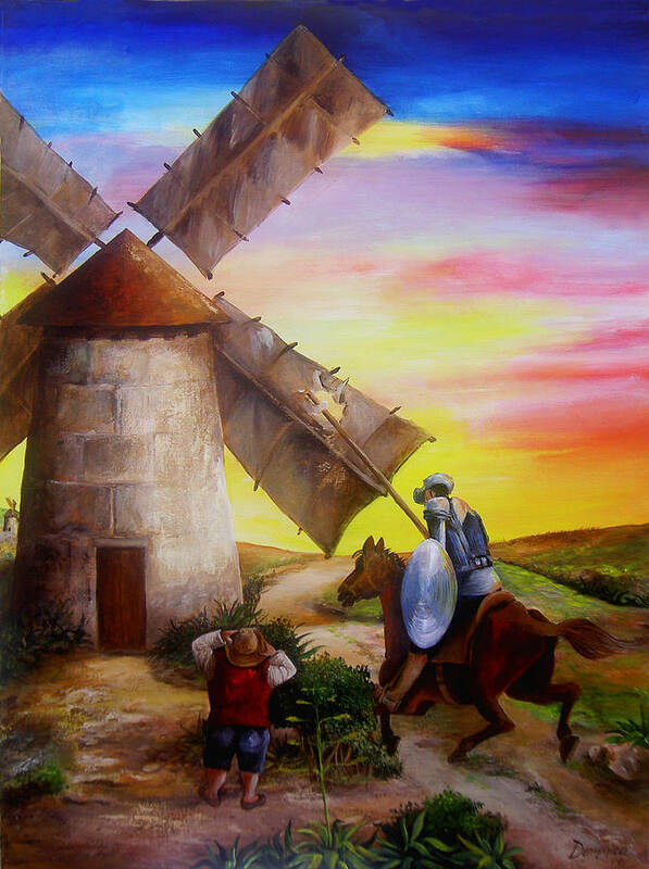 Don Quixote Art Print featuring the painting Don Quixote's Windmill Adventure by Dominica Alcantara