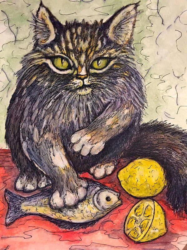 Cat Art Print featuring the painting Don't Touch My Lunch by Rae Chichilnitsky