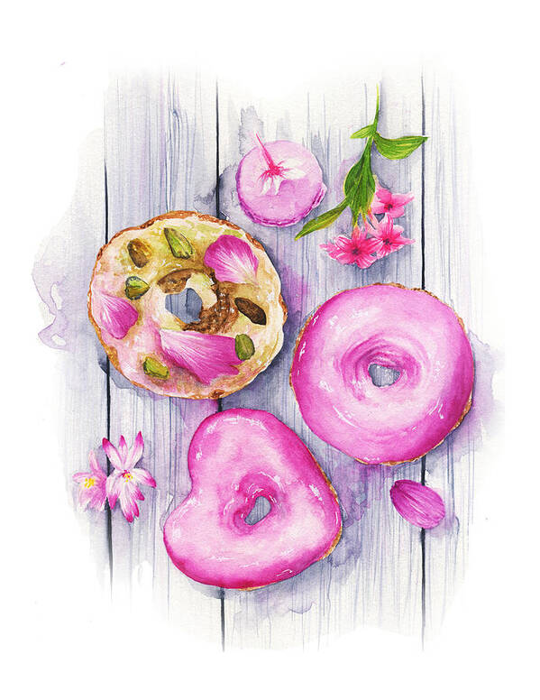 Pink Art Print featuring the painting Donuts, Watercolor illustration by Koma Art