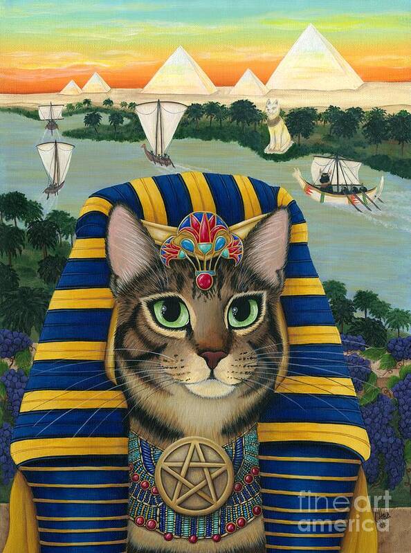 Bast Cat Art Print featuring the painting Egyptian Pharaoh Cat - King of Pentacles by Carrie Hawks