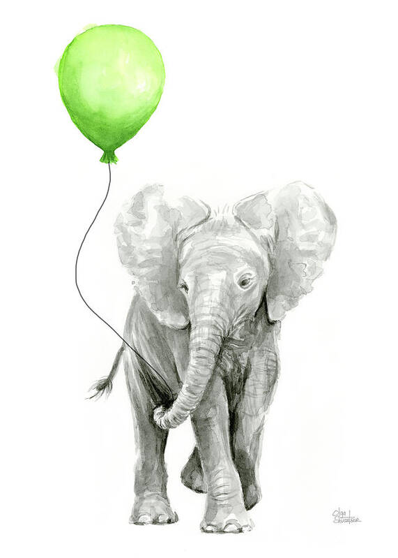 Elephant Art Print featuring the painting Elephant Watercolor Green Balloon Kids Room Art by Olga Shvartsur