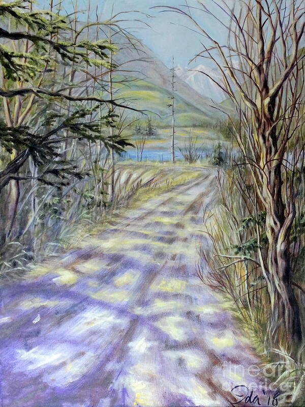 Estuary Sky Water Trees Bushes Branches Evergreens Mountains Road Path Landscape River Grasses Yellow Brown Green Blue White Purple Orange Sunlight Shade Shadows Art Print featuring the painting End Of Winter by Ida Eriksen