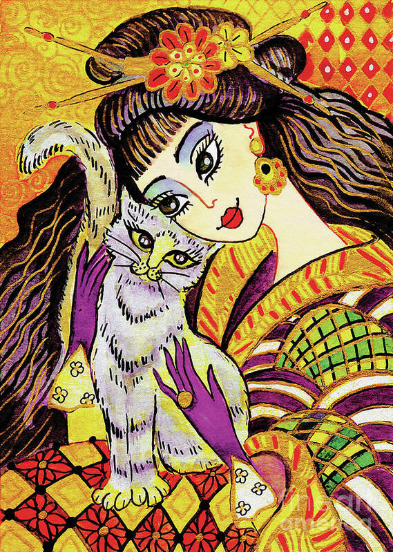 Woman And Cat Art Print featuring the painting Feline Rhapsody by Eva Campbell