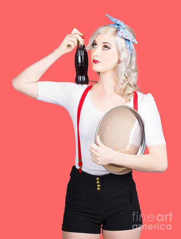 Food Art Print featuring the photograph Fifties diner pin-up waiter serving soft drink by Jorgo Photography