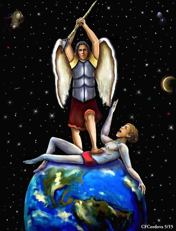 Saint Michael Art Print featuring the digital art Final Battle Between Good and Evil by Carmen Cordova
