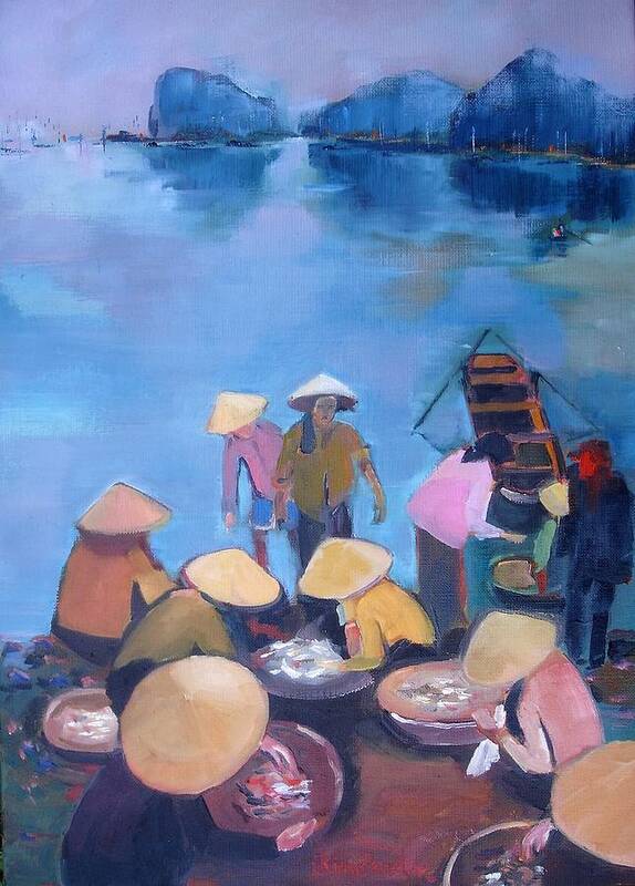 Halong Bay Art Print featuring the painting Fish market in the early morning by Kim PARDON