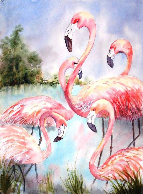 Birds Art Print featuring the painting Five Flamingos by Diane Kirk