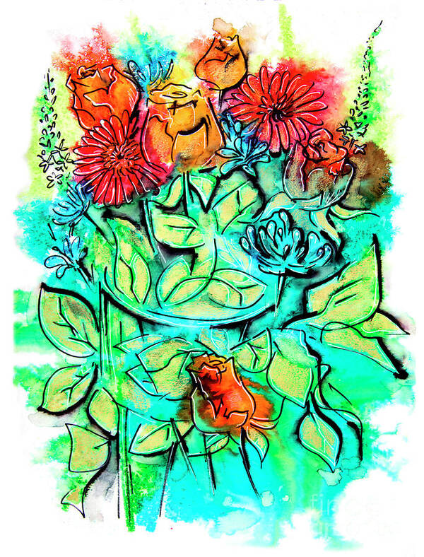Flowers Art Print featuring the drawing Flowers Bouquet, Illustration by Ariadna De Raadt