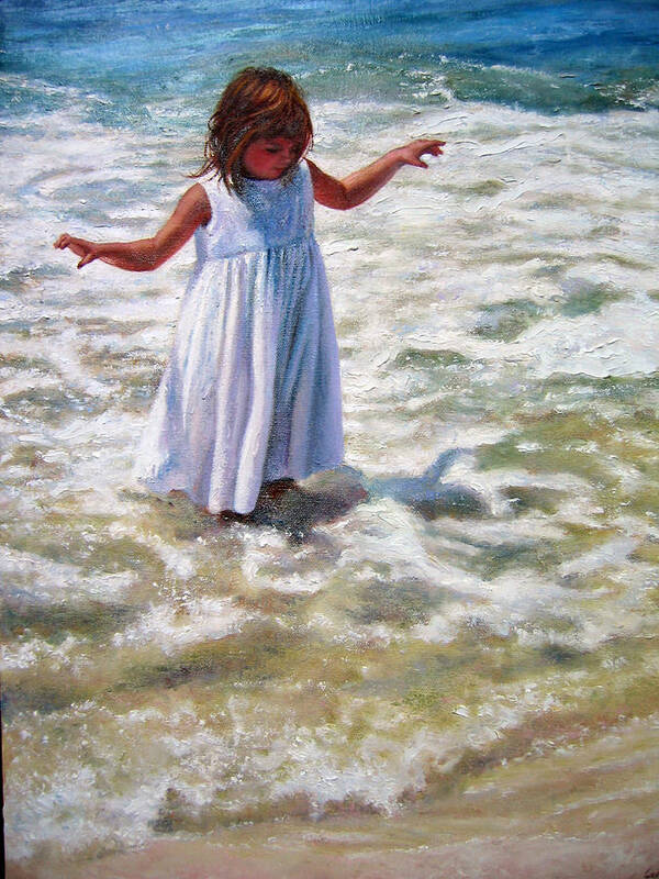 Children At Beach Art Print featuring the painting Flying in the Surf by Marie Witte