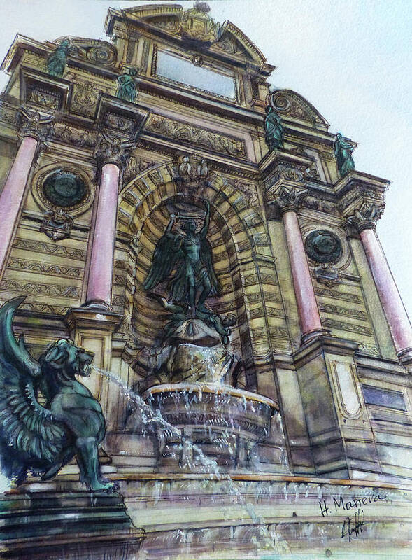 Paris Art Print featuring the painting Fontaine Saint- Michel, Paris by Henrieta Maneva