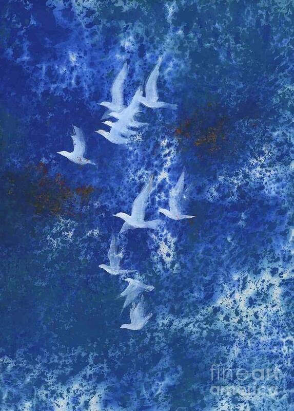 A Flight Of Doves Flying In Blue Sky. This Is A Contemporary Chinese Ink And Color On Rice Paper Painting With Simple Zen Style Brush Strokes.  Art Print featuring the painting Free by Mui-Joo Wee