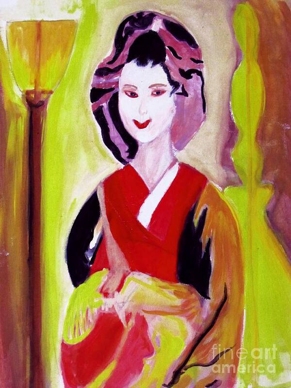 Geisha Girl Art Print featuring the painting Geisha Girl Portrait painted with Picasso style by Stanley Morganstein