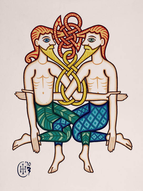 Celtic Zodiac Gemini Twins Knotwork Art Print featuring the painting Gemini by Ian Herriott