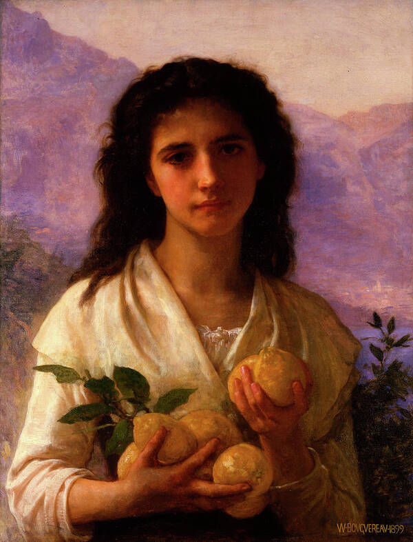 William-adolphe Bouguereau Art Print featuring the painting Girl Holding Lemons by Adolphe William Bouguereau