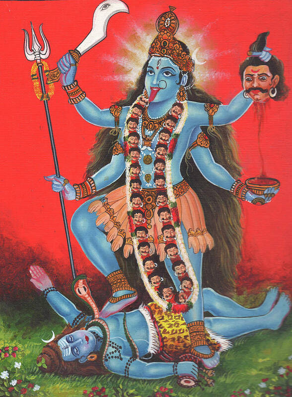 Goddess Kali Mata God Shiv Art Print featuring the painting Goddess Kali Mata God Shiv,AAdishakti, Miniature Painting of India, Oil Painting, Artwork India. by M B Sharma