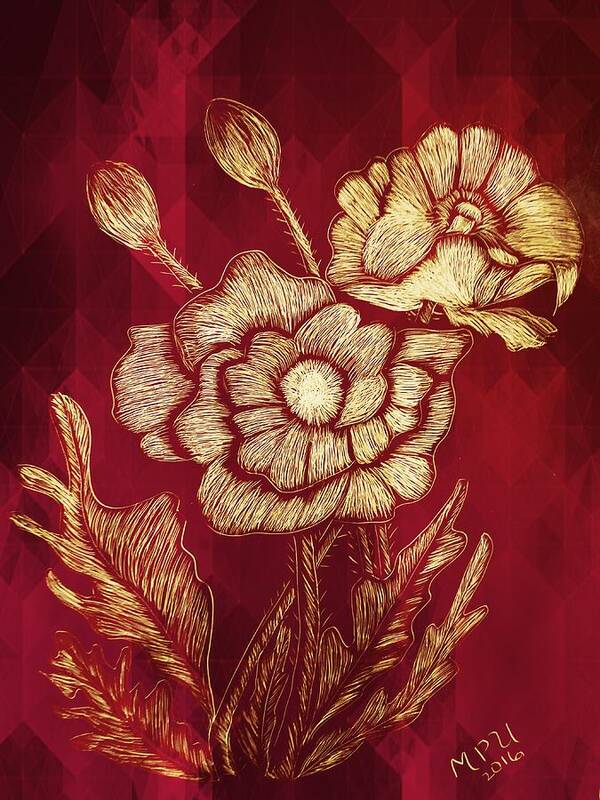 Golden Poppies Art Print featuring the digital art Golden Poppies by Maria Urso