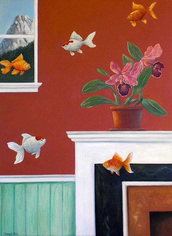 Flying Fish Art Print featuring the painting Goldfish in the House by Gerry High