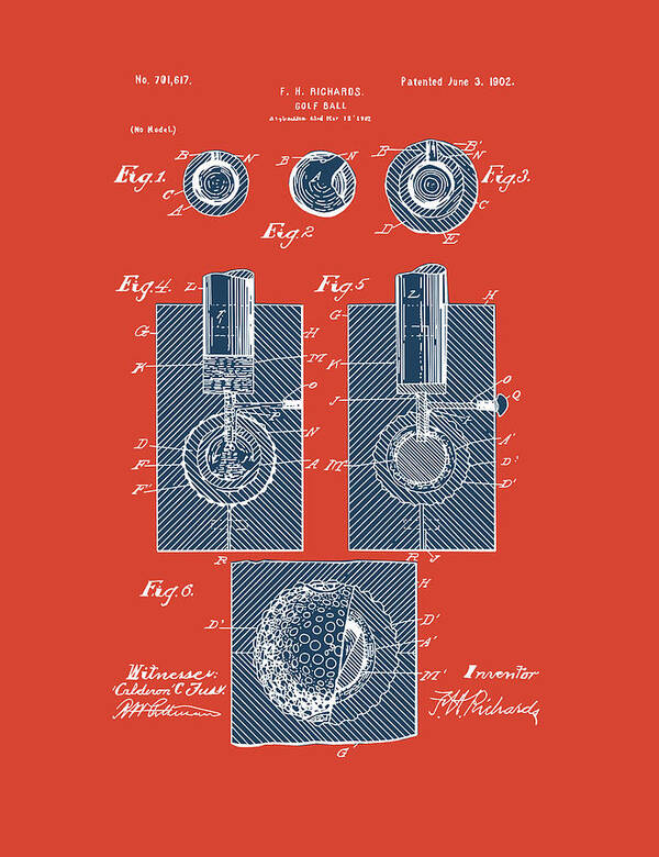 Golf Art Print featuring the digital art Golf Ball Patent Drawing Red 2 by Bekim M