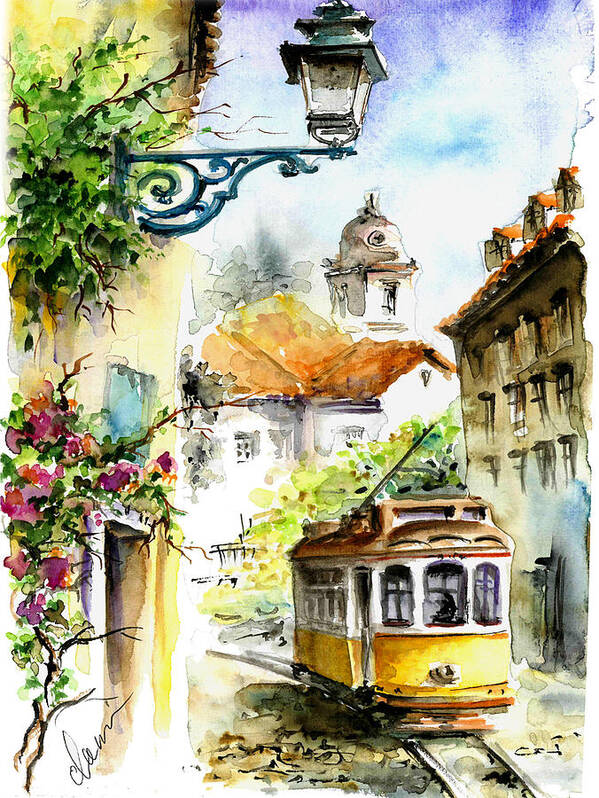 Watercolor Art Print featuring the painting Graca Lisbon Tram Color by Elena Petrova Gancheva