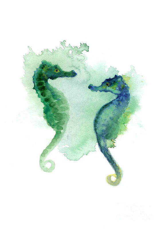 Seahorses Art Print featuring the painting Green blue seahorses watercolor art print by Joanna Szmerdt