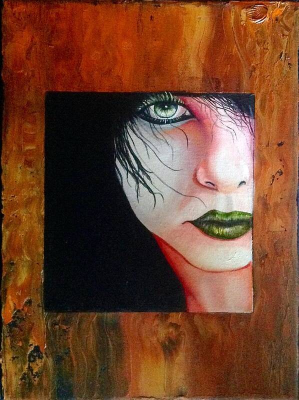A Portrait Of A Green Eyed Lady Peering Through A Wooden Opening. She Has Green Lipstick And Green Eyelashes. She Has Black Hair Falling On Her Face. Art Print featuring the painting Green Eyed Lady by Martin Schmidt