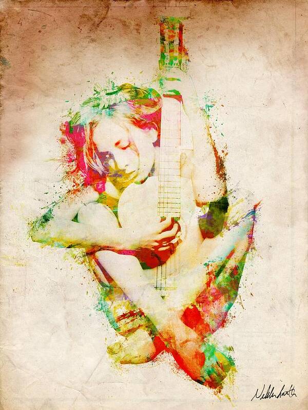 Guitar Art Print featuring the digital art Guitar Lovers Embrace by Nikki Smith