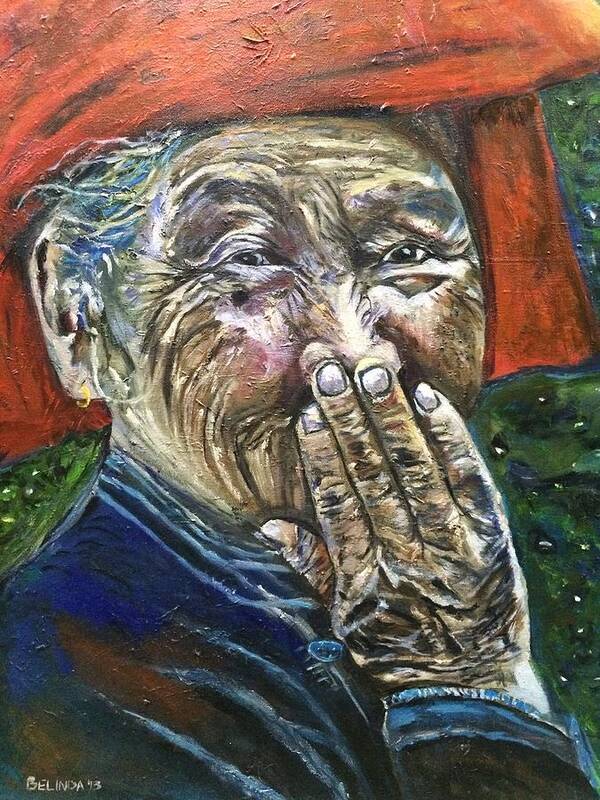 Old Woman Art Print featuring the painting H A P P Y by Belinda Low
