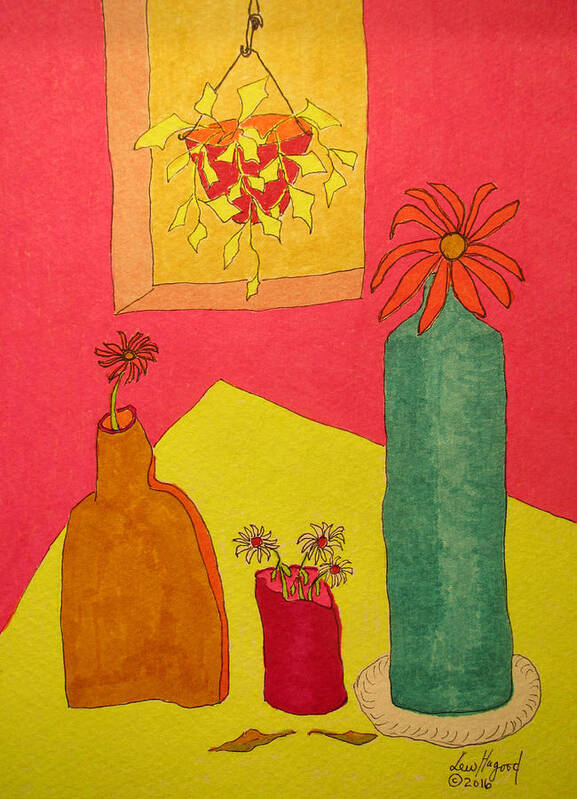 Hagood Art Print featuring the painting Hanging Plant And 3 On Table by Lew Hagood