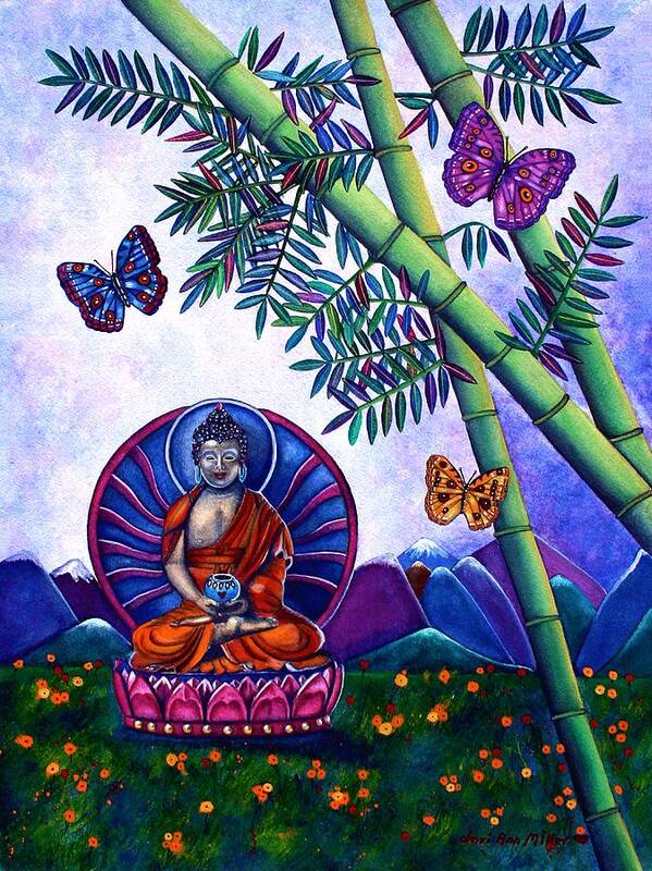 Happy Art Print featuring the painting Happy Buddha and Prosperity Bamboo by Lori Miller