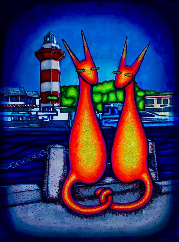 Cats Art Print featuring the drawing Harbor Town Kats by Laurie Tietjen