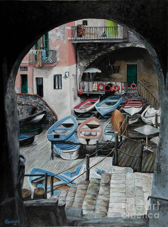 Cinque Terre Art Print featuring the painting Harbor's Edge In Riomaggiore by Charlotte Blanchard