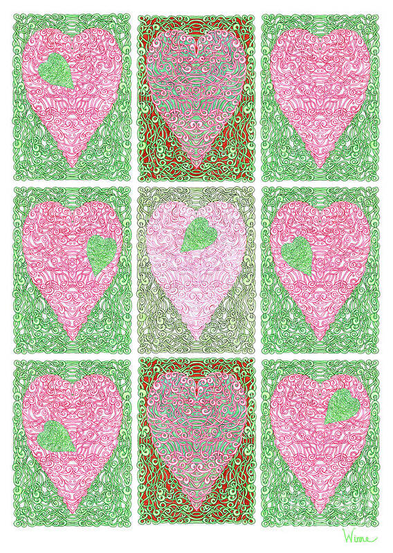 Lise Winne Art Print featuring the digital art Hearts Within Hearts in Green and Pink by Lise Winne