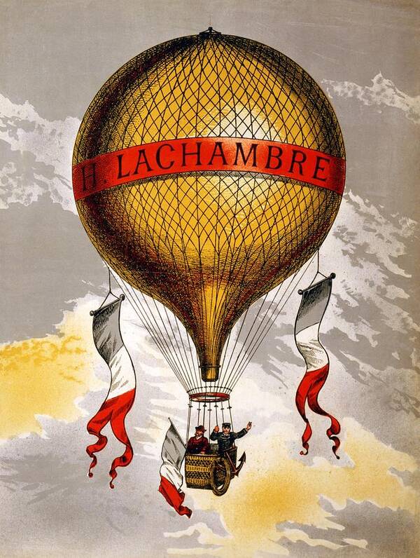 H.lachambre Art Print featuring the mixed media H.Lachambre - Two Men Flying in a Hot Air Balloon - Retro travel Poster - Vintage Poster by Studio Grafiikka