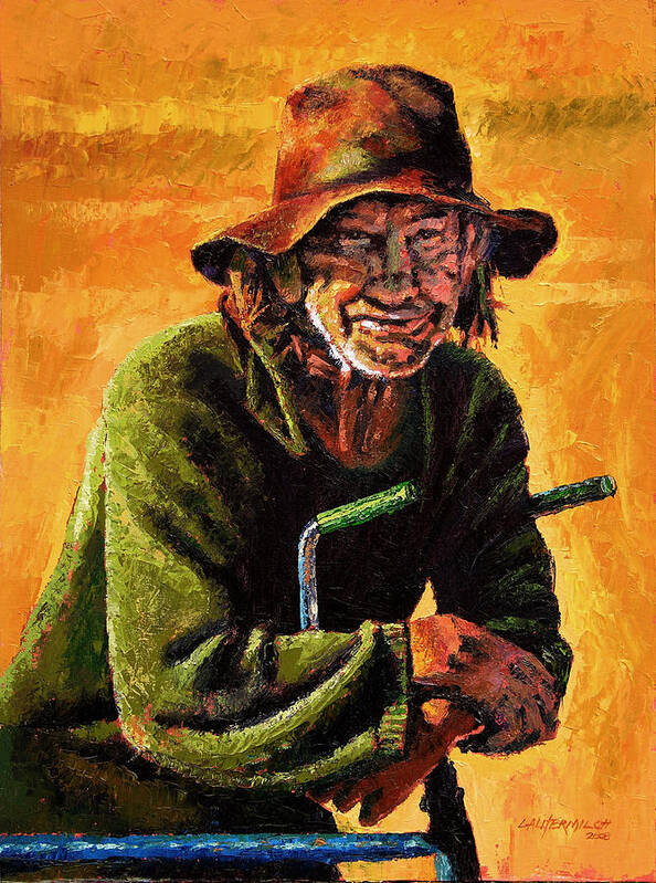 Homeless Man With Bike Art Print featuring the painting Homeless by John Lautermilch