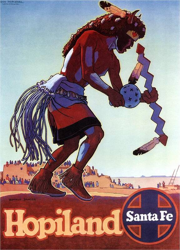 Hopiland Art Print featuring the mixed media Hopiland - Santa Fe - Buffalo Dancer - Retro travel Poster - Vintage Poster by Studio Grafiikka