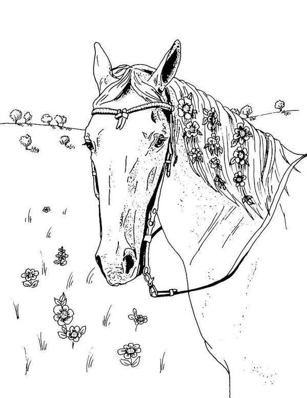 Horse Art Print featuring the drawing Horse with Flowers in Mane by Masha Batkova