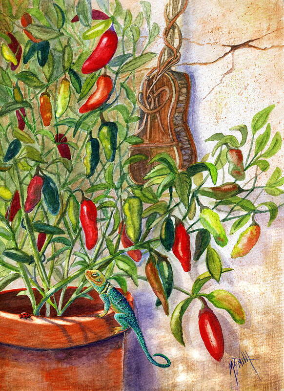 Jalapenos Art Print featuring the painting Hot Sauce On The Vine by Marilyn Smith