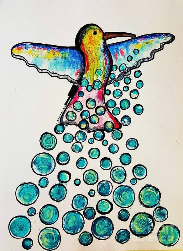 Hummingbird Art Print featuring the painting Hummingbird plays with water by Jasna Gopic