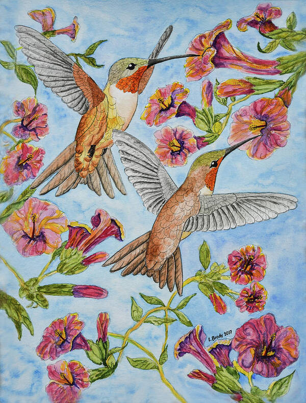 Linda Brody Art Print featuring the painting Hummingbirds and Hibiscus II by Linda Brody