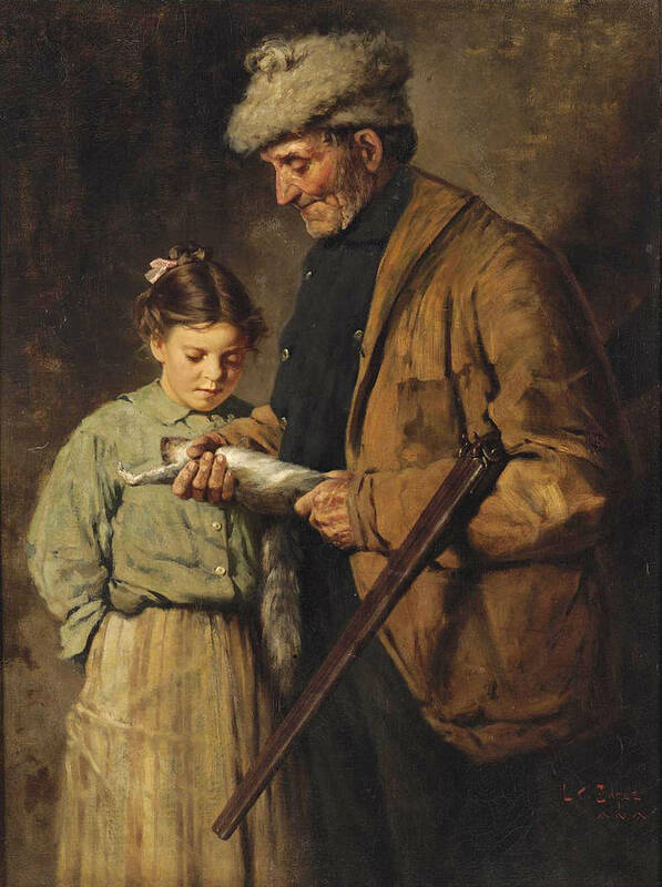 Lawrence Carmichael Earle Art Print featuring the painting Hunter with Young Girl by Lawrence Carmichael Earle