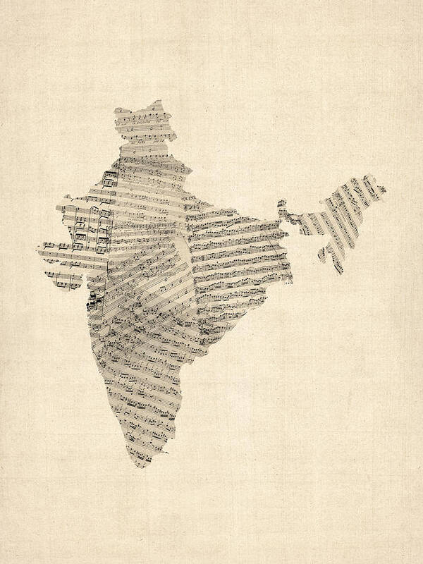 India Map Art Print featuring the digital art India Map, Old Sheet Music Map of India by Michael Tompsett