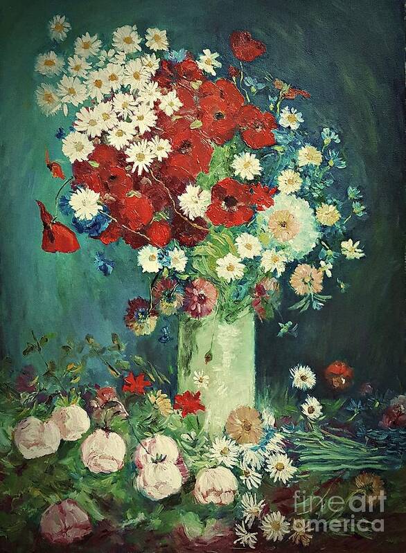 Still Life Art Print featuring the painting Interpretation of Van Gogh still life with meadow flowers and roses by Amalia Suruceanu