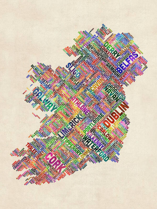 Ireland Map Art Print featuring the digital art Ireland Eire City Text Map Derry Version by Michael Tompsett