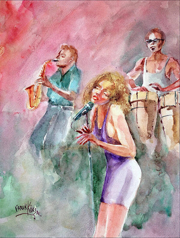 Singing Art Print featuring the painting Jazz Nigths by Faruk Koksal