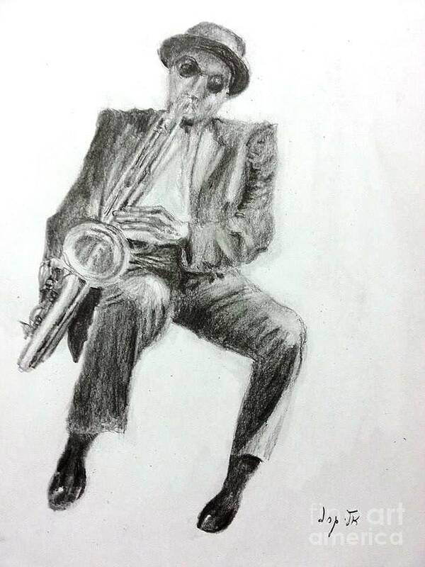 Drawing Art Print featuring the painting Jazz Saxophonist by Eli Gross