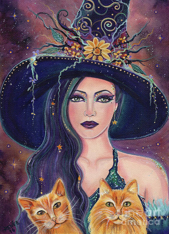 Halloween Witch Art Print featuring the painting Jinx and Jazz Halloween witch with kitties by Renee Lavoie